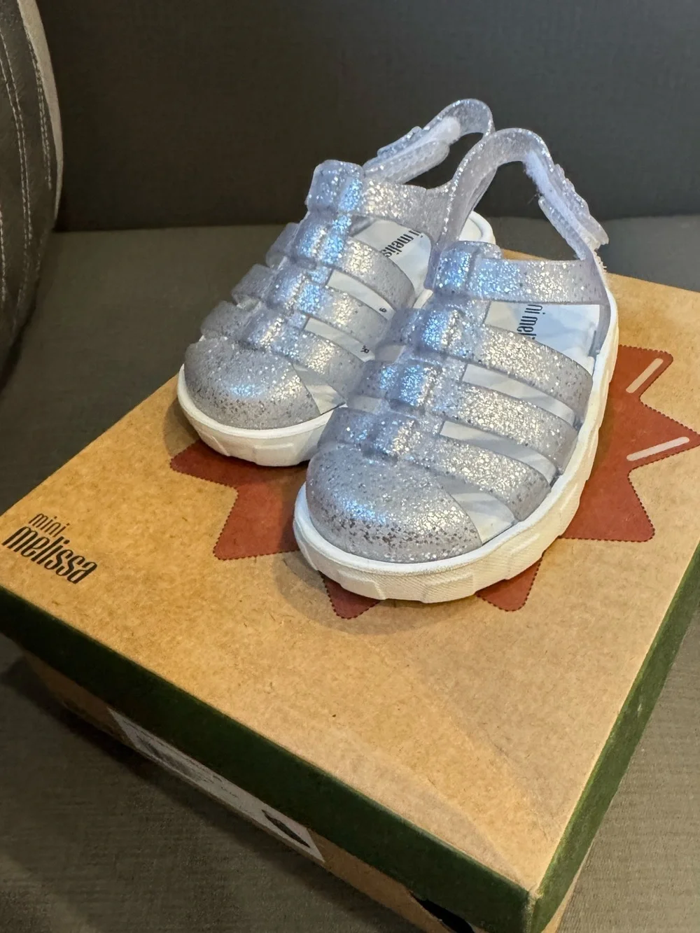 Mini Melissa Silver Glitter Jelly Sandals with White Sole